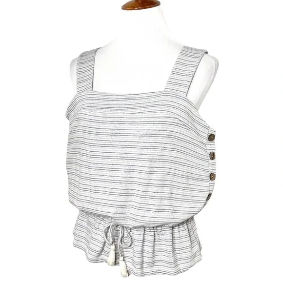 SOLD-Lucky Tassel Tie Waist Peplum Blue White Striped Sleeveless Knit Tank Top - Picture 4 of 10